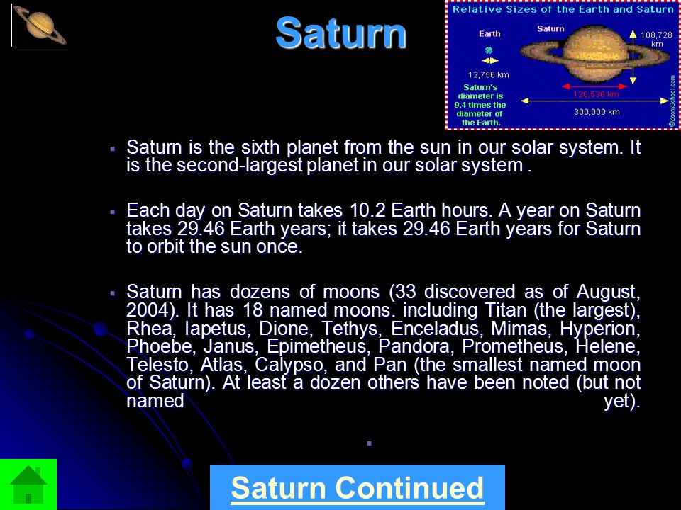Saturn  Saturn is the sixth planet from the sun in our solar system.