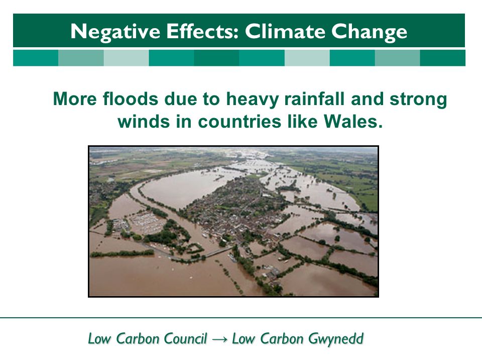 Low Carbon Council → Low Carbon Gwynedd Negative Effects: Climate Change More floods due to heavy rainfall and strong winds in countries like Wales.