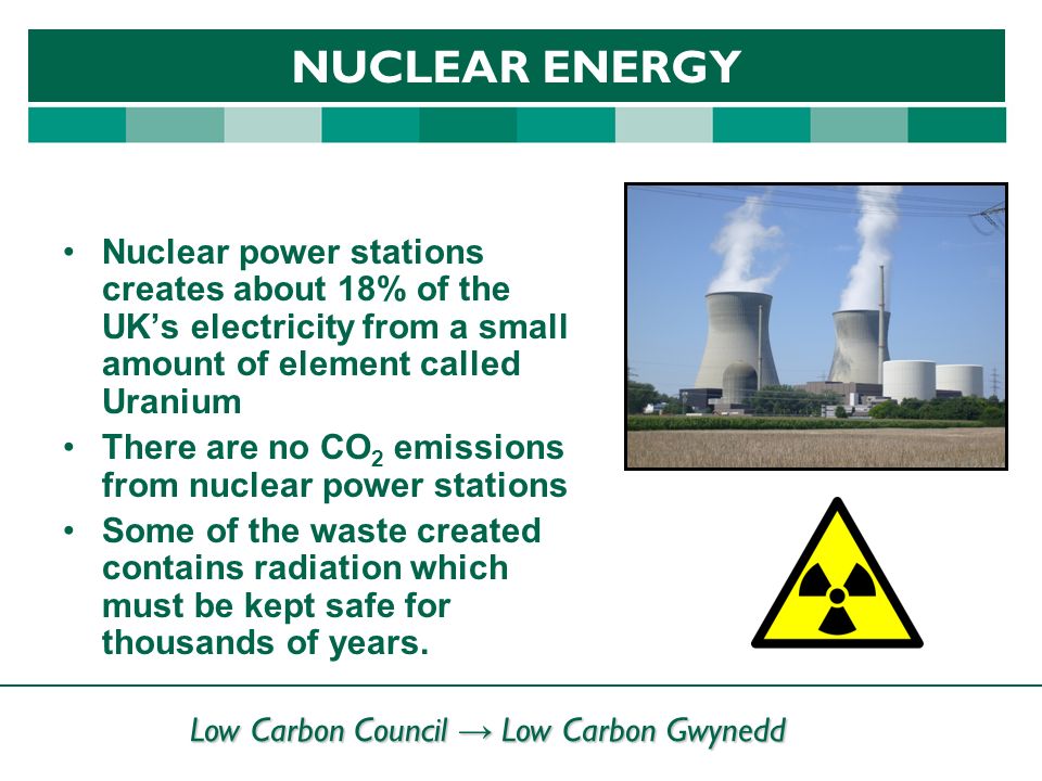 Low Carbon Council → Low Carbon Gwynedd NUCLEAR ENERGY Nuclear power stations creates about 18% of the UK’s electricity from a small amount of element called Uranium There are no CO 2 emissions from nuclear power stations Some of the waste created contains radiation which must be kept safe for thousands of years.