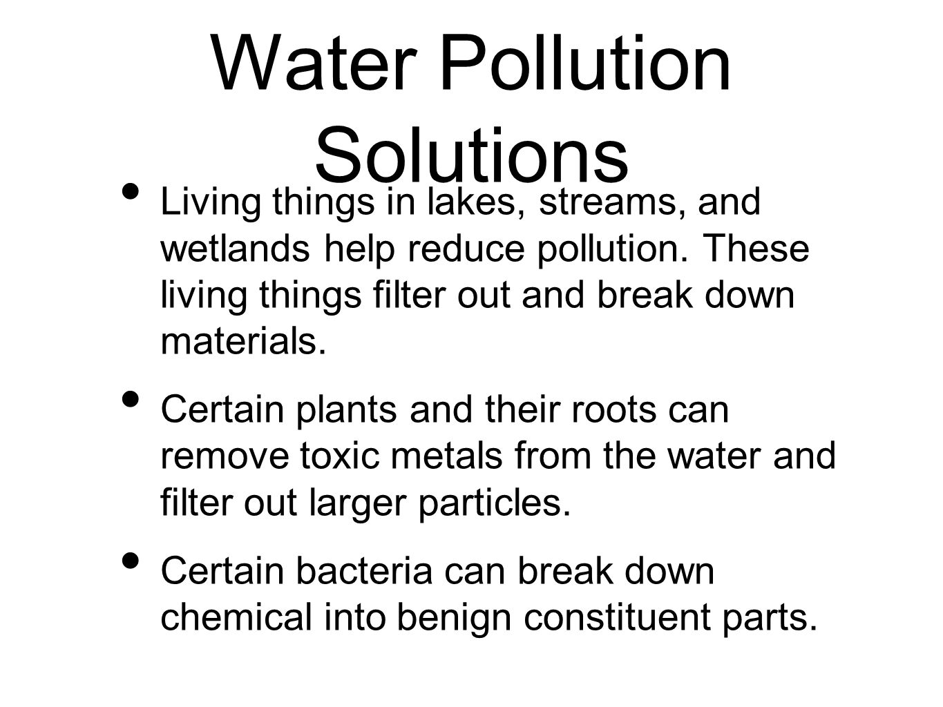 Water Pollution Solutions Living things in lakes, streams, and wetlands help reduce pollution.