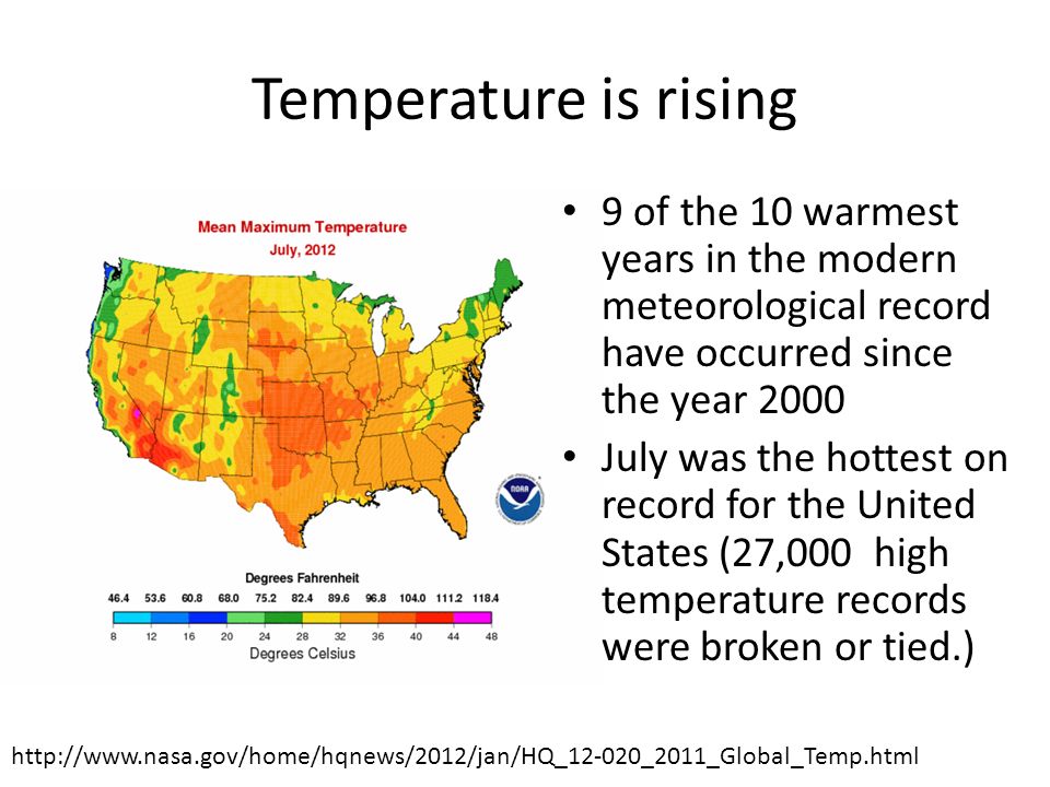 Temperature is rising   9 of the 10 warmest years in the modern meteorological record have occurred since the year 2000 July was the hottest on record for the United States (27,000 high temperature records were broken or tied.)