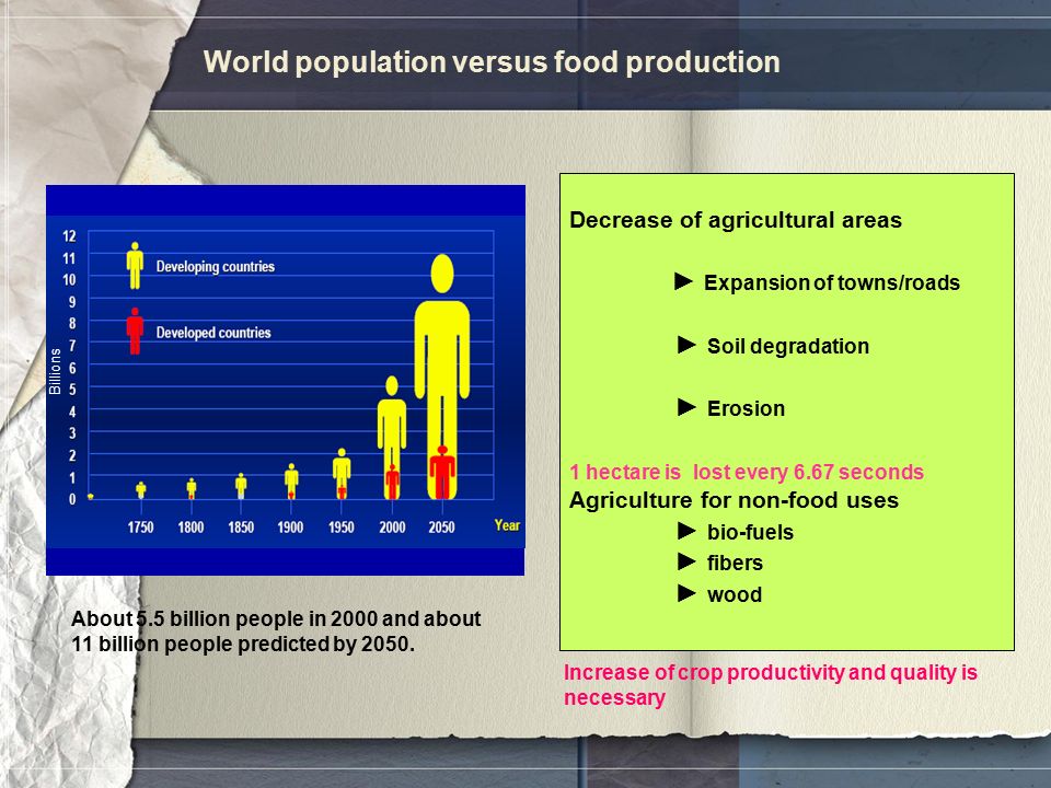 World population versus food production Billions About 5.5 billion people in 2000 and about 11 billion people predicted by 2050.
