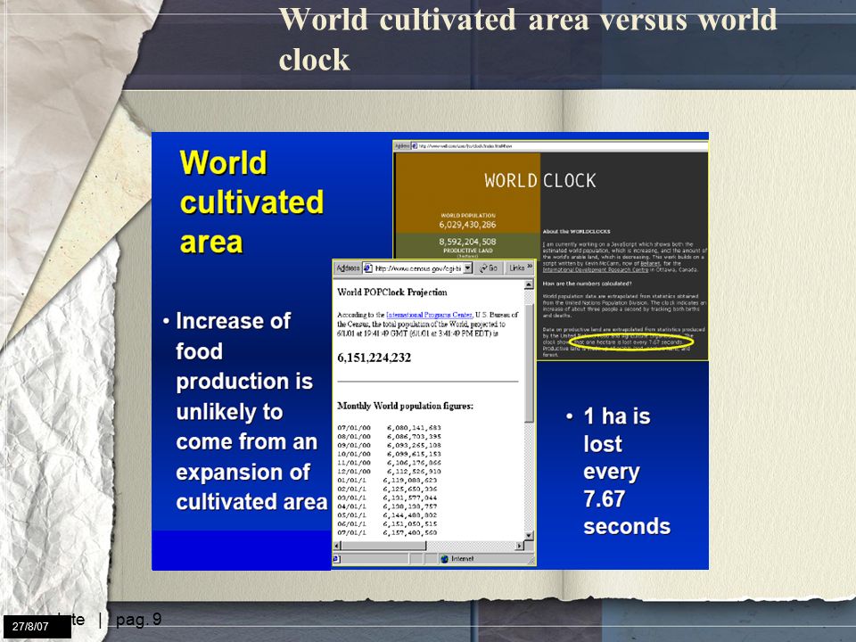 date | pag. 9 27/8/07 World cultivated area versus world clock