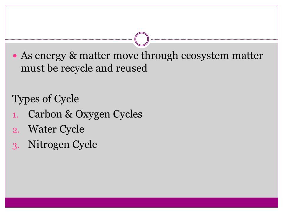 As energy & matter move through ecosystem matter must be recycle and reused Types of Cycle 1.