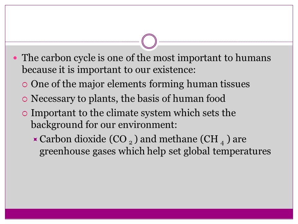 The carbon cycle is one of the most important to humans because it is important to our existence:  One of the major elements forming human tissues  Necessary to plants, the basis of human food  Important to the climate system which sets the background for our environment:  Carbon dioxide (CO 2 ) and methane (CH 4 ) are greenhouse gases which help set global temperatures