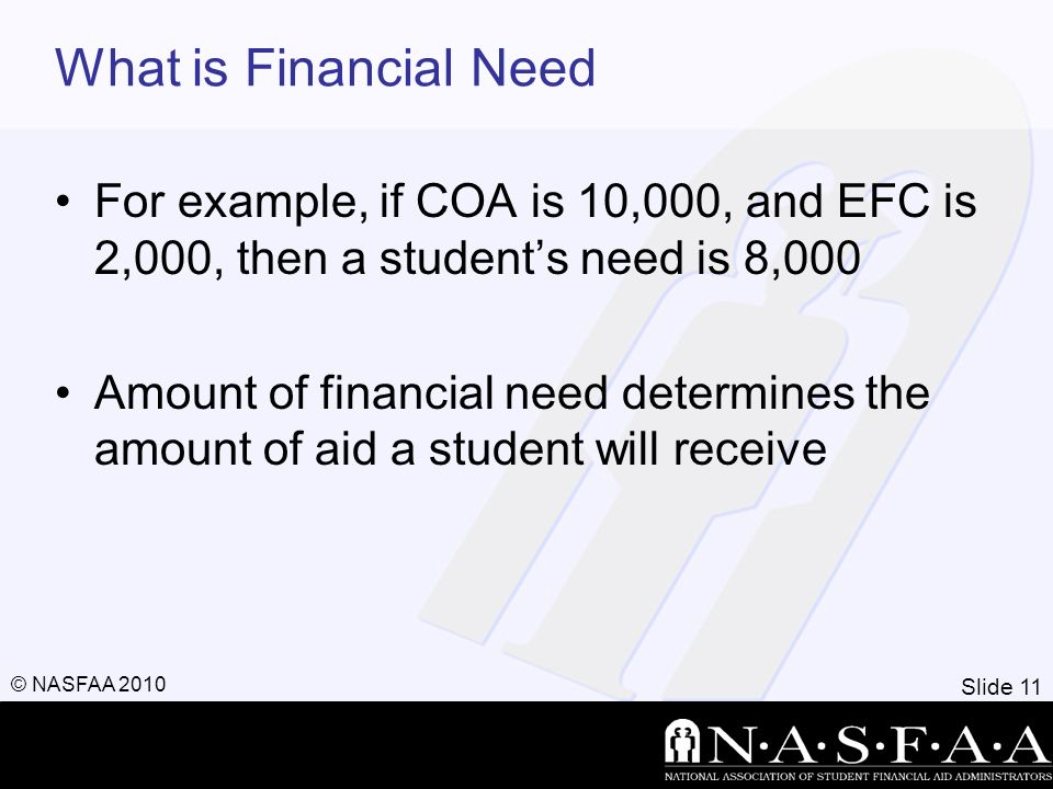 Slide 11 © NASFAA 2010 What is Financial Need For example, if COA is 10,000, and EFC is 2,000, then a student’s need is 8,000 Amount of financial need determines the amount of aid a student will receive