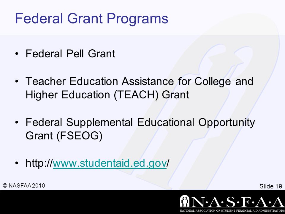 Slide 19 © NASFAA 2010 Federal Grant Programs Federal Pell Grant Teacher Education Assistance for College and Higher Education (TEACH) Grant Federal Supplemental Educational Opportunity Grant (FSEOG)