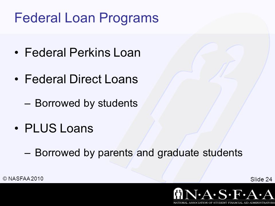 Slide 24 © NASFAA 2010 Federal Loan Programs Federal Perkins Loan Federal Direct Loans –Borrowed by students PLUS Loans –Borrowed by parents and graduate students
