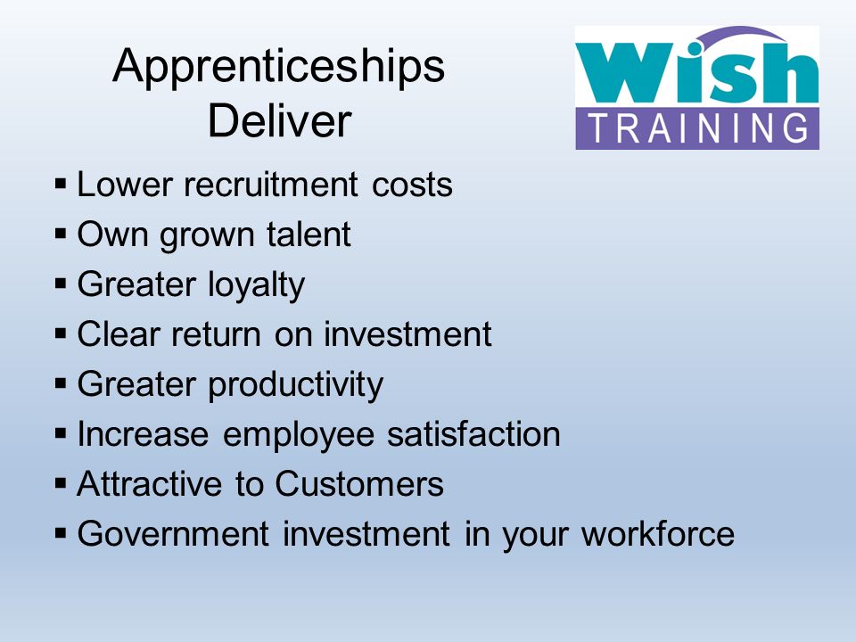 Apprenticeships Deliver  Lower recruitment costs  Own grown talent  Greater loyalty  Clear return on investment  Greater productivity  Increase employee satisfaction  Attractive to Customers  Government investment in your workforce