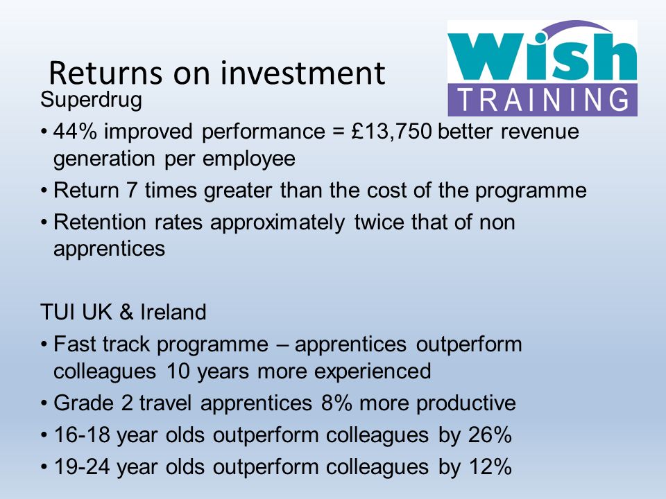 Returns on investment Superdrug 44% improved performance = £13,750 better revenue generation per employee Return 7 times greater than the cost of the programme Retention rates approximately twice that of non apprentices TUI UK & Ireland Fast track programme – apprentices outperform colleagues 10 years more experienced Grade 2 travel apprentices 8% more productive year olds outperform colleagues by 26% year olds outperform colleagues by 12%