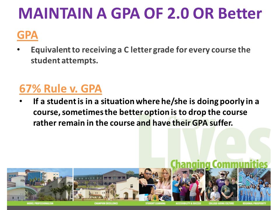 MAINTAIN A GPA OF 2.0 OR Better GPA Equivalent to receiving a C letter grade for every course the student attempts.