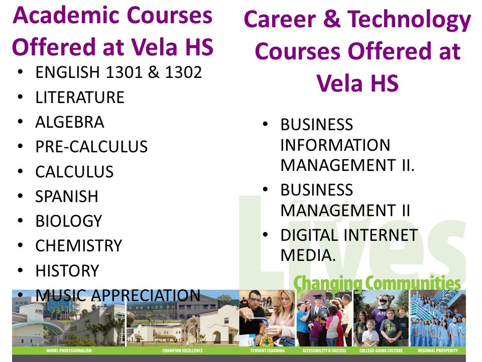 Academic Courses Offered at Vela HS ENGLISH 1301 & 1302 LITERATURE ALGEBRA PRE-CALCULUS CALCULUS SPANISH BIOLOGY CHEMISTRY HISTORY MUSIC APPRECIATION Career & Technology Courses Offered at Vela HS BUSINESS INFORMATION MANAGEMENT II.