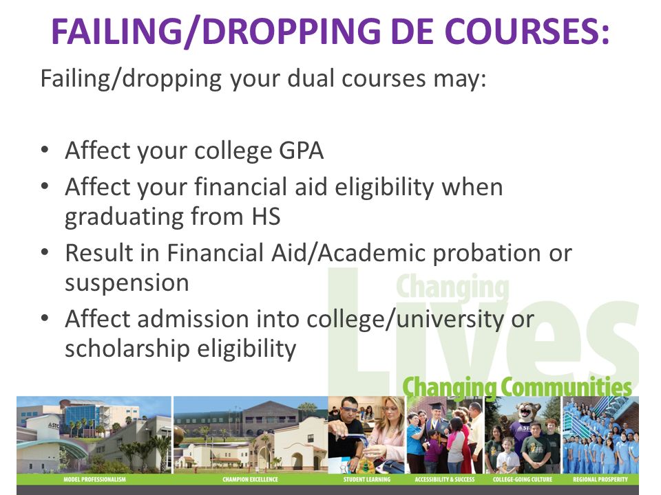 FAILING/DROPPING DE COURSES: Failing/dropping your dual courses may: Affect your college GPA Affect your financial aid eligibility when graduating from HS Result in Financial Aid/Academic probation or suspension Affect admission into college/university or scholarship eligibility