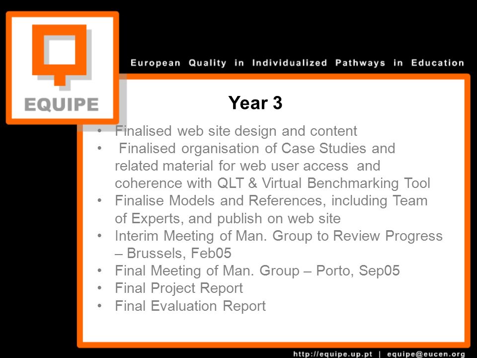 Year 3 Brno Finalised web site design and content Finalised organisation of Case Studies and related material for web user access and coherence with QLT & Virtual Benchmarking Tool Finalise Models and References, including Team of Experts, and publish on web site Interim Meeting of Man.