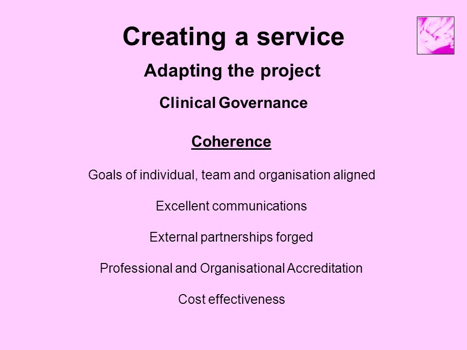 Creating a service Adapting the project Clinical Governance Coherence Goals of individual, team and organisation aligned Excellent communications External partnerships forged Professional and Organisational Accreditation Cost effectiveness