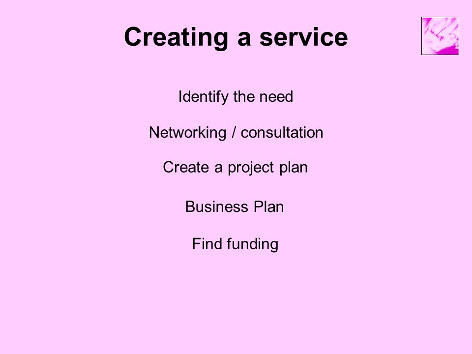 Creating a service Networking / consultation Identify the need Find funding Create a project plan Business Plan