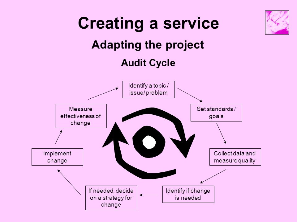 Creating a service Adapting the project Audit Cycle Identify a topic / issue/ problem Set standards / goals Collect data and measure quality Identify if change is needed If needed, decide on a strategy for change Implement change Measure effectiveness of change