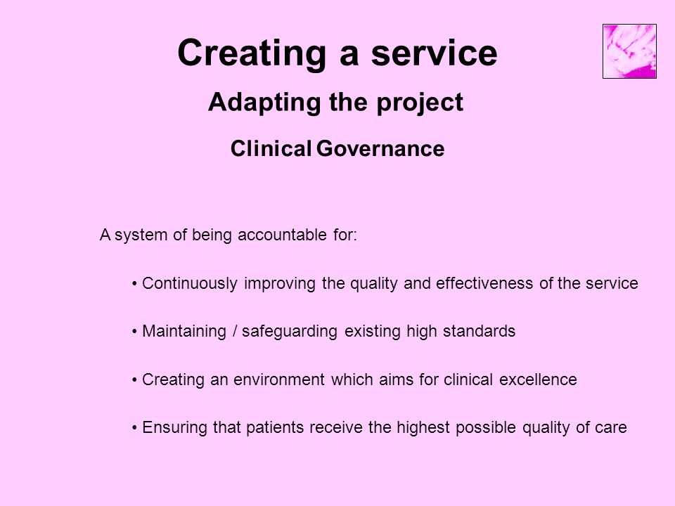 Creating a service Adapting the project Clinical Governance Continuously improving the quality and effectiveness of the service A system of being accountable for: Maintaining / safeguarding existing high standards Ensuring that patients receive the highest possible quality of care Creating an environment which aims for clinical excellence