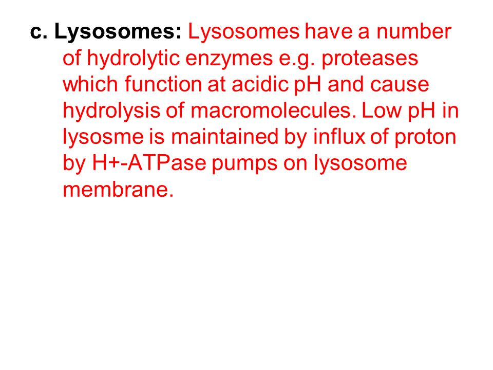 c. Lysosomes: Lysosomes have a number of hydrolytic enzymes e.g.