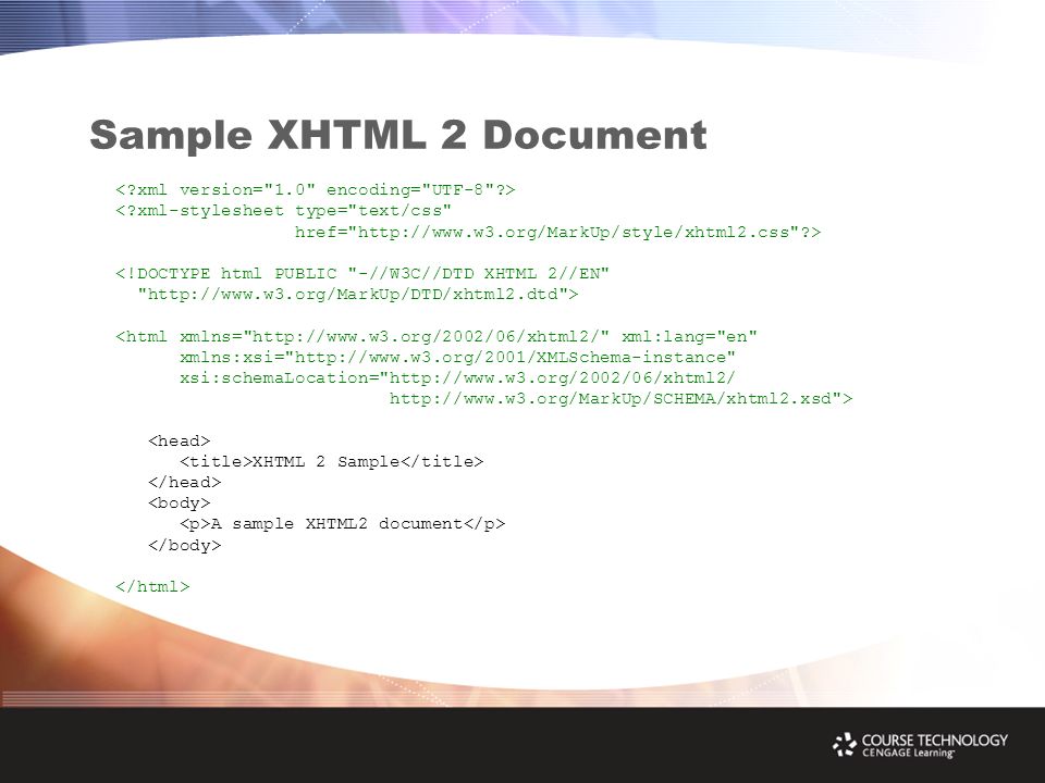 Sample XHTML 2 Document < xml-stylesheet type= text/css href=   > <!DOCTYPE html PUBLIC -//W3C//DTD XHTML 2//EN   > <html xmlns=   xml:lang= en xmlns:xsi=   xsi:schemaLocation=     > XHTML 2 Sample A sample XHTML2 document