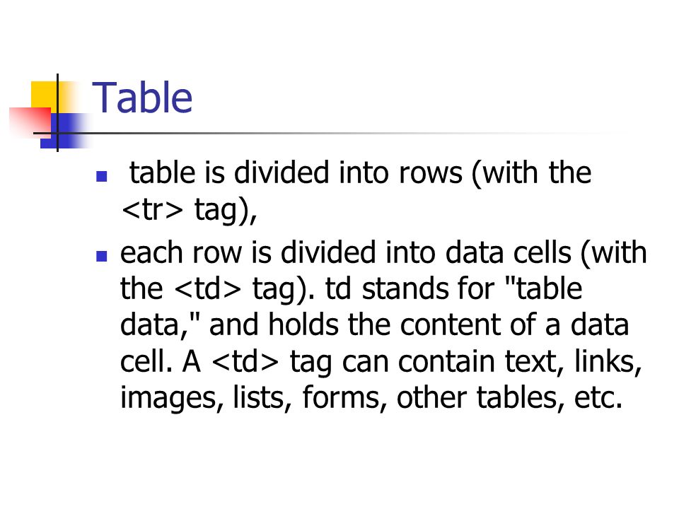 Table table is divided into rows (with the tag), each row is divided into data cells (with the tag).