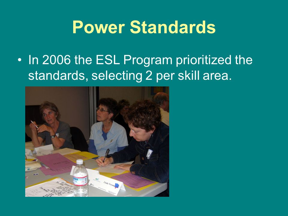 Power Standards In 2006 the ESL Program prioritized the standards, selecting 2 per skill area.
