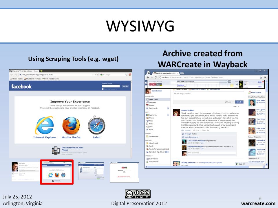 July 25, 2012 Arlington, Virginia Digital Preservation 2012warcreate.com WYSIWYG 6 Using Scraping Tools (e.g.