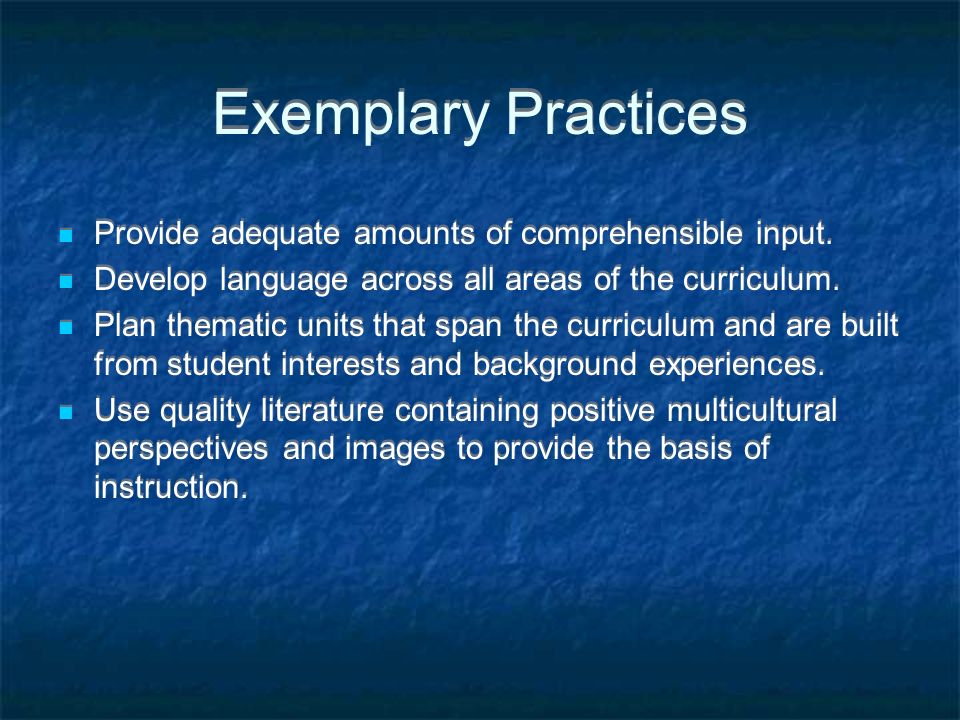 Exemplary Practices Provide adequate amounts of comprehensible input.