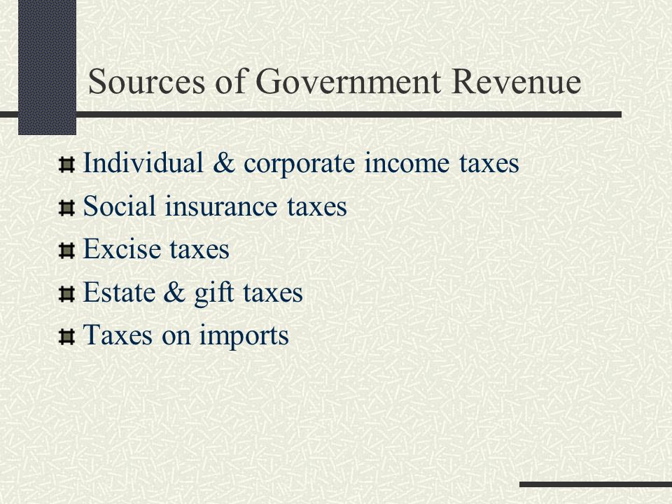 Sources of Government Revenue Individual & corporate income taxes Social insurance taxes Excise taxes Estate & gift taxes Taxes on imports