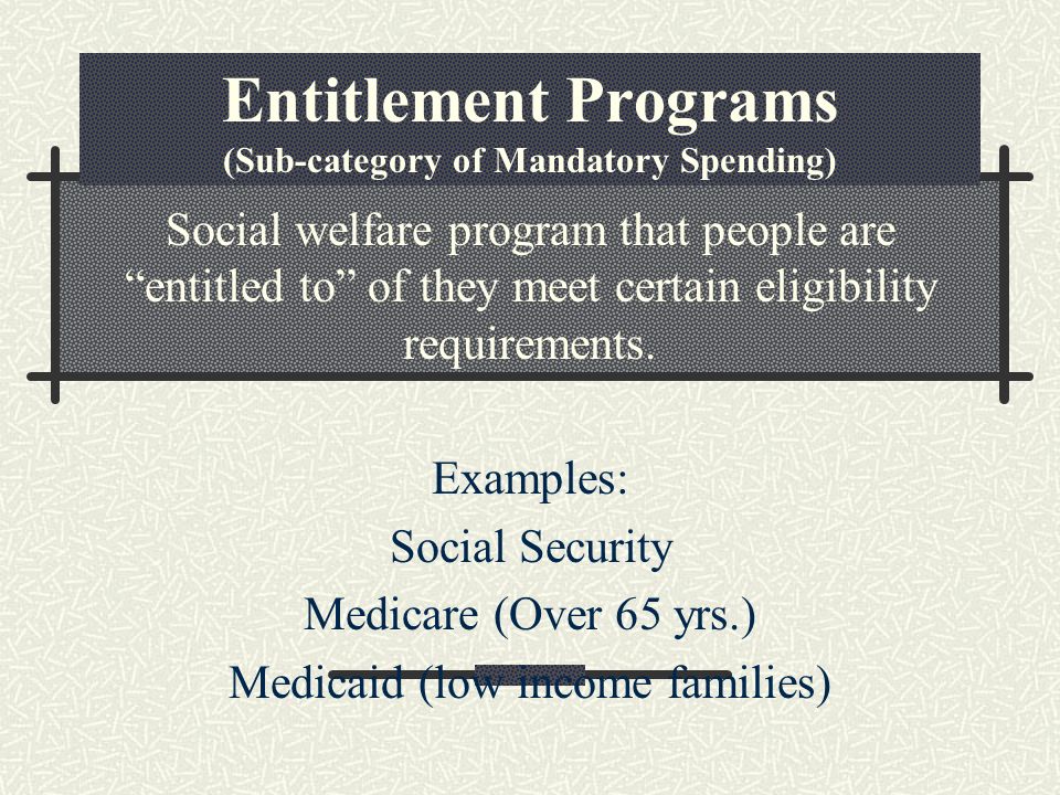 Entitlement Programs (Sub-category of Mandatory Spending) Social welfare program that people are entitled to of they meet certain eligibility requirements.
