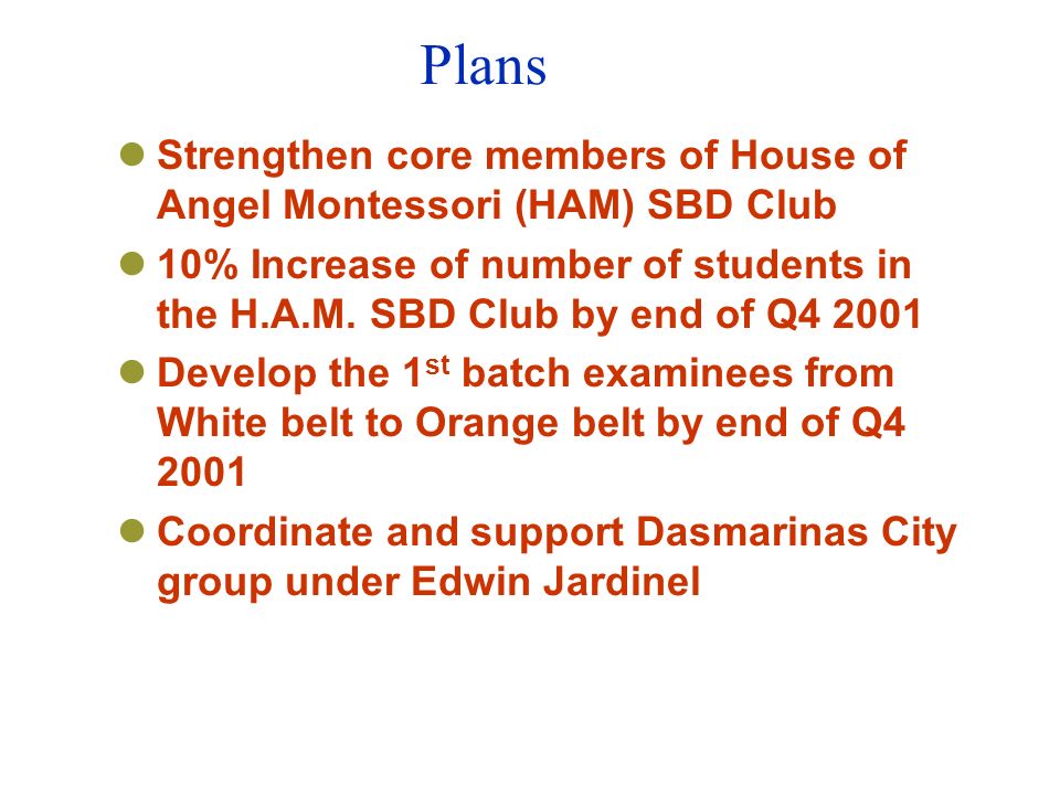 Plans Strengthen core members of House of Angel Montessori (HAM) SBD Club 10% Increase of number of students in the H.A.M.