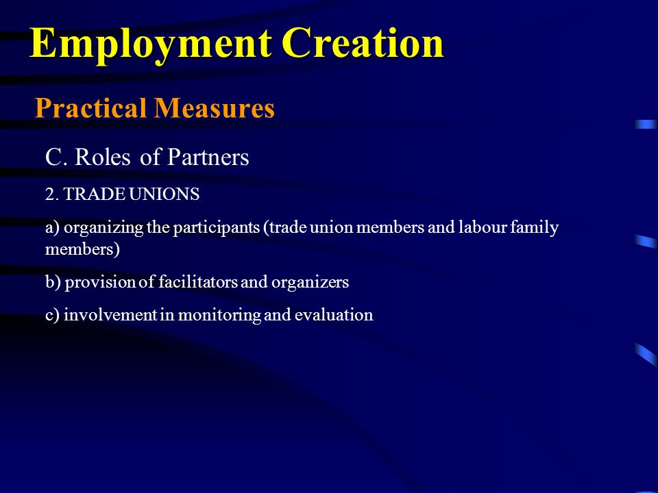 Practical Measures Employment Creation C. Roles of Partners 2.