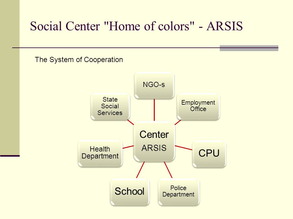 Center ARSIS NGO-s Employment Office CPU Police Department School Health Department State Social Services The System of Cooperation