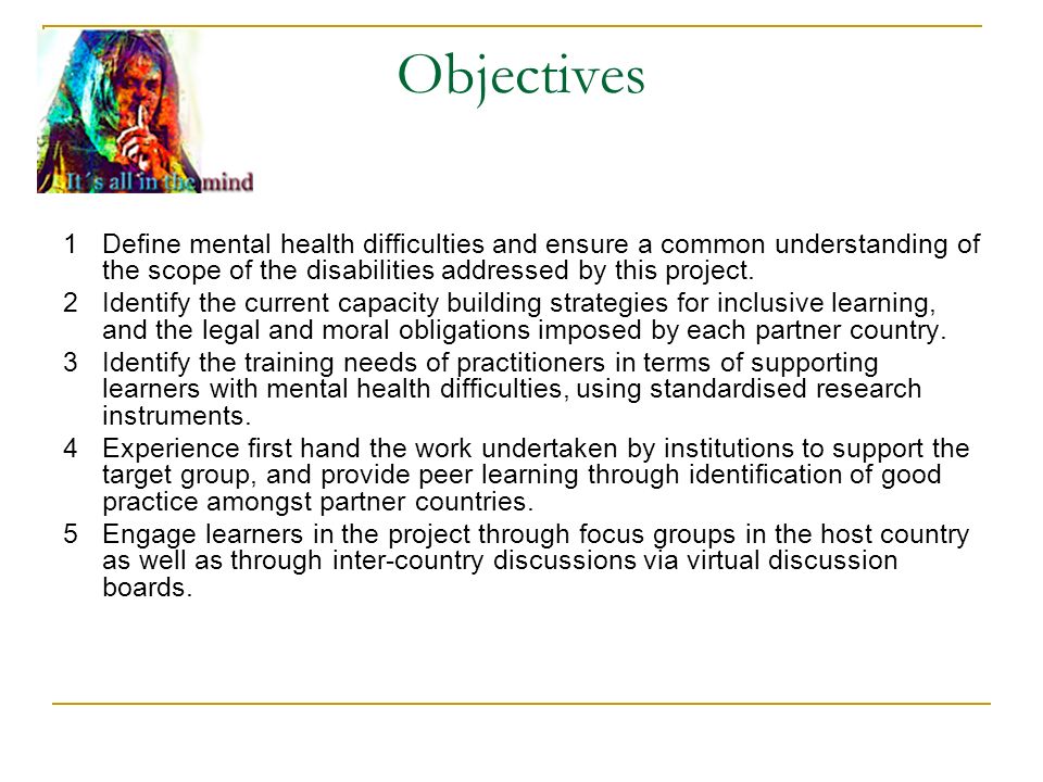 Objectives 1Define mental health difficulties and ensure a common understanding of the scope of the disabilities addressed by this project.
