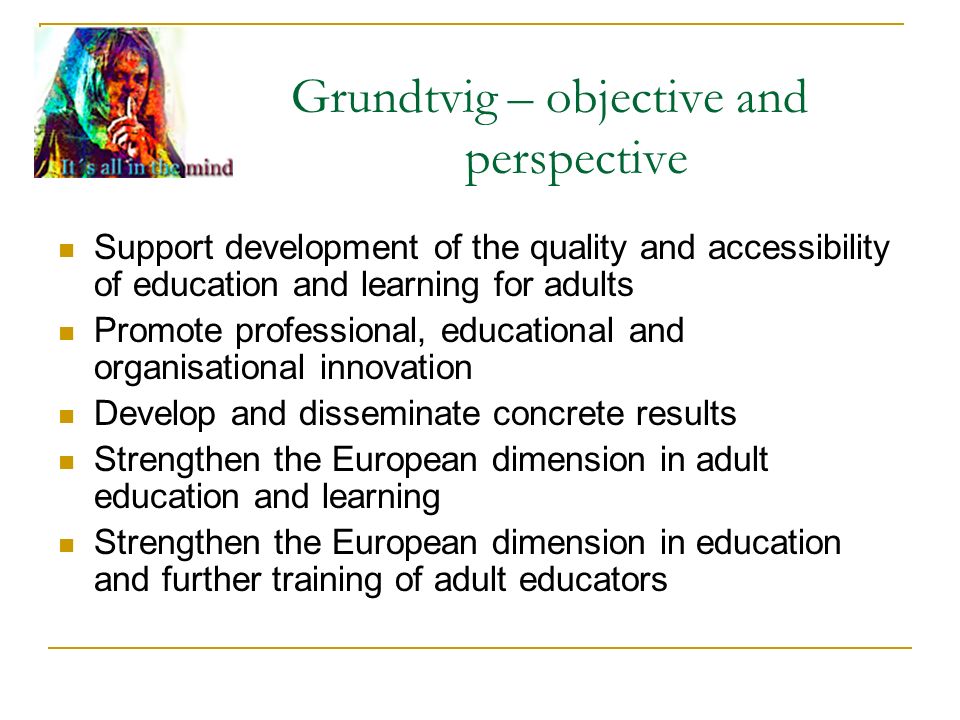 Grundtvig – objective and perspective Support development of the quality and accessibility of education and learning for adults Promote professional, educational and organisational innovation Develop and disseminate concrete results Strengthen the European dimension in adult education and learning Strengthen the European dimension in education and further training of adult educators