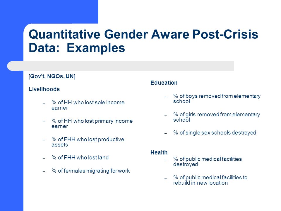 Quantitative Gender Aware Post-Crisis Data: Examples [Gov’t, NGOs, UN] Livelihoods – % of HH who lost sole income earner – % of HH who lost primary income earner – % of FHH who lost productive assets – % of FHH who lost land – % of fe/males migrating for work Education – % of boys removed from elementary school – % of girls removed from elementary school – % of single sex schools destroyed Health – % of public medical facilities destroyed – % of public medical facilities to rebuild in new location