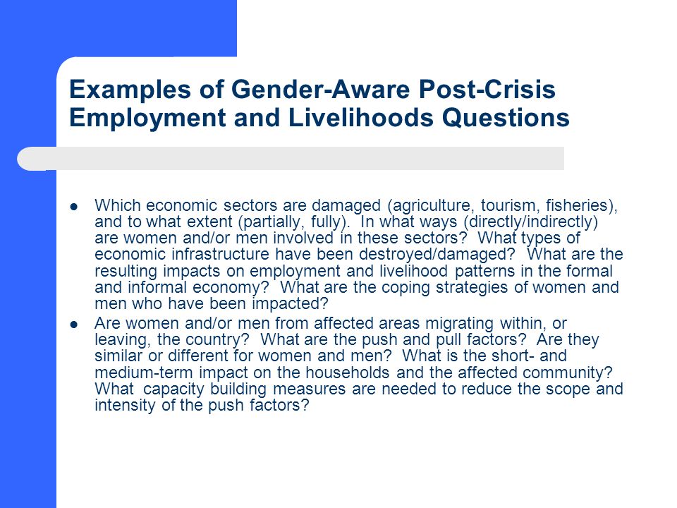 Examples of Gender-Aware Post-Crisis Employment and Livelihoods Questions Which economic sectors are damaged (agriculture, tourism, fisheries), and to what extent (partially, fully).