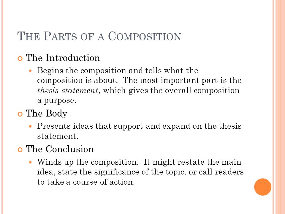 T HE P ARTS OF A C OMPOSITION The Introduction Begins the composition and tells what the composition is about.