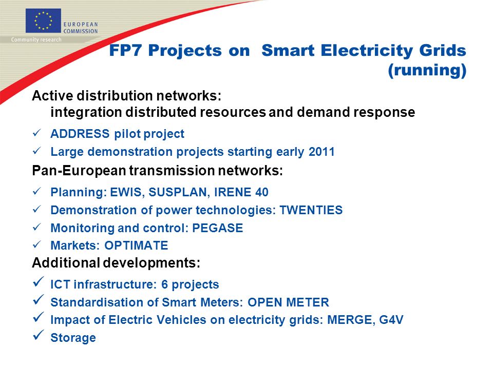 FP7 Projects on Smart Electricity Grids (running) Active distribution networks: integration distributed resources and demand response ADDRESS pilot project Large demonstration projects starting early 2011 Pan-European transmission networks: Planning: EWIS, SUSPLAN, IRENE 40 Demonstration of power technologies: TWENTIES Monitoring and control: PEGASE Markets: OPTIMATE Additional developments: ICT infrastructure: 6 projects Standardisation of Smart Meters: OPEN METER Impact of Electric Vehicles on electricity grids: MERGE, G4V Storage