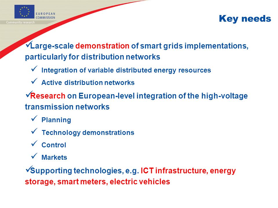 Key needs Large-scale demonstration of smart grids implementations, particularly for distribution networks Integration of variable distributed energy resources Active distribution networks Research on European-level integration of the high-voltage transmission networks Planning Technology demonstrations Control Markets Supporting technologies, e.g.