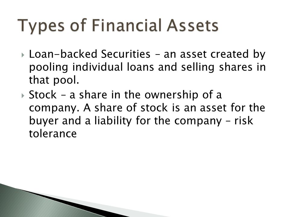  Loan-backed Securities – an asset created by pooling individual loans and selling shares in that pool.