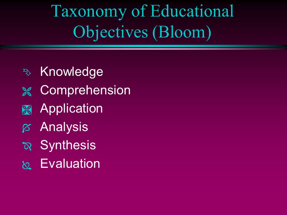 Taxonomy of Educational Objectives (Bloom) Ê Knowledge Ë Comprehension Ì Application Í Analysis Î Synthesis Ï Evaluation