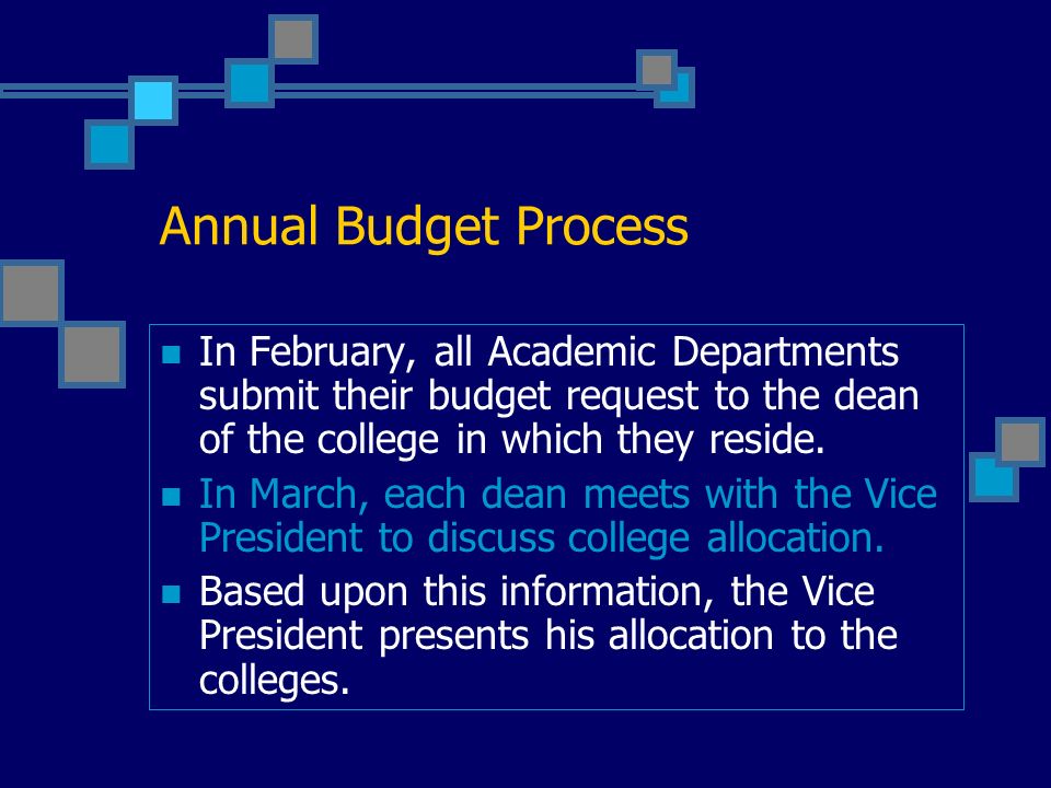 Annual Budget Process In February, all Academic Departments submit their budget request to the dean of the college in which they reside.