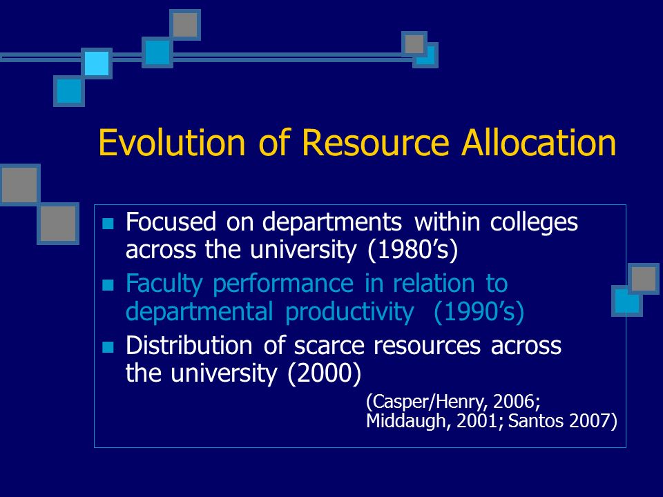 Evolution of Resource Allocation Focused on departments within colleges across the university (1980’s) Faculty performance in relation to departmental productivity (1990’s) Distribution of scarce resources across the university (2000) (Casper/Henry, 2006; Middaugh, 2001; Santos 2007)
