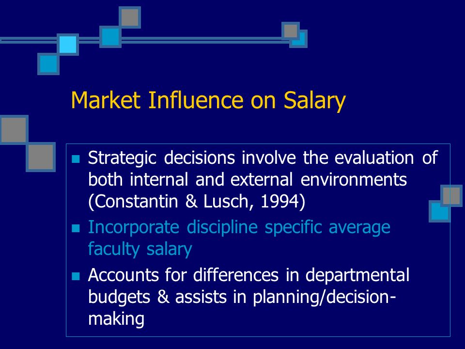Market Influence on Salary Strategic decisions involve the evaluation of both internal and external environments (Constantin & Lusch, 1994) Incorporate discipline specific average faculty salary Accounts for differences in departmental budgets & assists in planning/decision- making