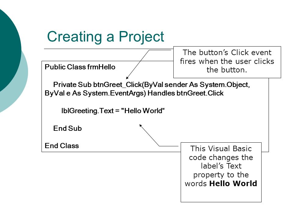 Creating a Project Public Class frmHello Private Sub btnGreet_Click(ByVal sender As System.Object, ByVal e As System.EventArgs) Handles btnGreet.Click lblGreeting.Text = Hello World End Sub End Class The button’s Click event fires when the user clicks the button.