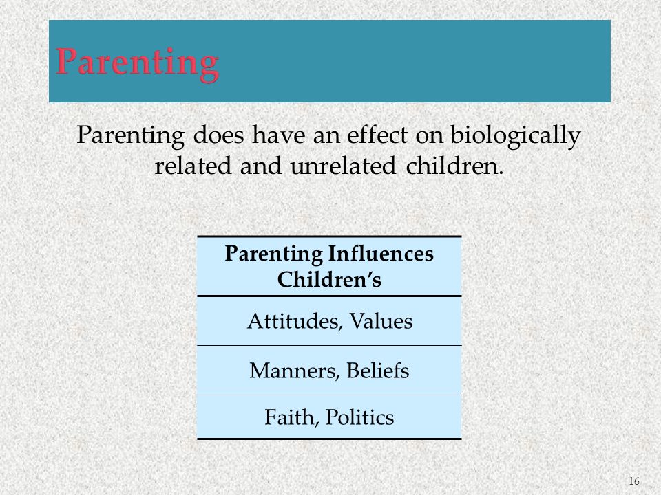 Parenting Influences Children’s Attitudes, Values Manners, Beliefs Faith, Politics 16 Parenting does have an effect on biologically related and unrelated children.