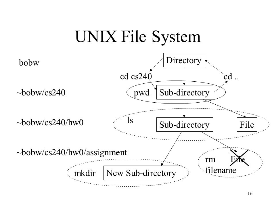16 UNIX File System Directory Sub-directory File bobw ~bobw/cs240 ~bobw/cs240/hw0 ~bobw/cs240/hw0/assignment ls cd cs240cd..