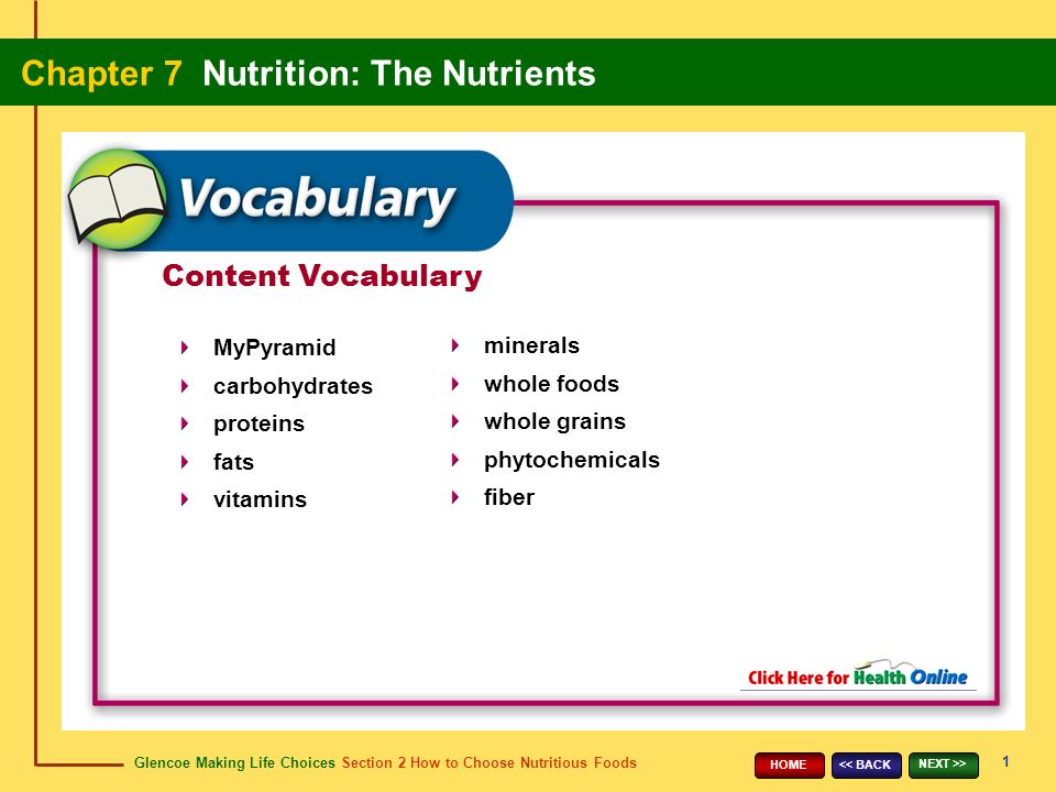 Glencoe Making Life Choices Section 2 How to Choose Nutritious Foods Chapter 7 Nutrition: The Nutrients 1 << BACK NEXT >> HOME Content Vocabulary MyPyramid carbohydrates proteins fats vitamins minerals whole foods whole grains phytochemicals fiber