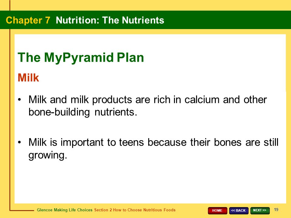 Glencoe Making Life Choices Section 2 How to Choose Nutritious Foods Chapter 7 Nutrition: The Nutrients 19 << BACK NEXT >> HOME Milk and milk products are rich in calcium and other bone-building nutrients.